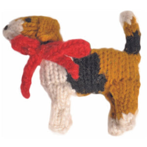 Knitted Beagle Ornament with a red scarf on a white background