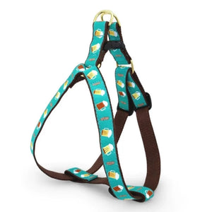 Up Country Beer Dog Harness & Leash Matching Set is teal with hops and golden and brown ales