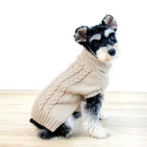 Terrier in Beige Chic Cable Knit Turtleneck Dog Sweater