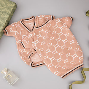 Beige  Gucci-Inspired Dog Sweater Cardigan front and back