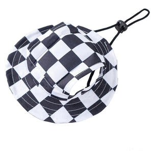Black and white checkered bucket hat on white background