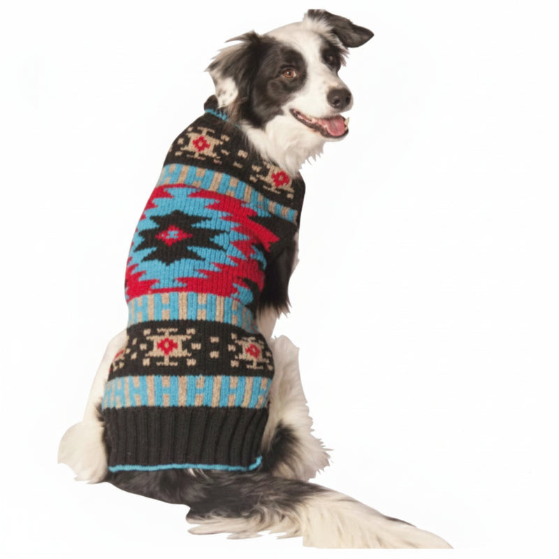 Black Southwest Dog Sweater with colorful Southwestern-inspired geometric pattern