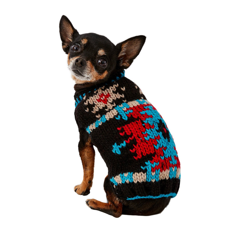 Black Southwest Dog Sweater with colorful Southwestern-inspired geometric pattern