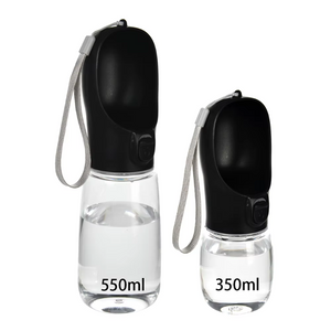 Two black and clear water bottles with measurement labels on a white background