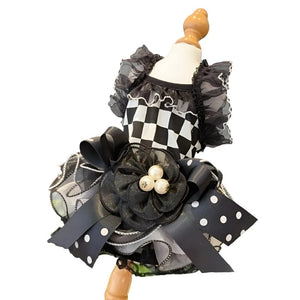 Simply spectacular, this elegant Black & White Harlequin Party Dog Dress is adorned with a lace bodice collar and sleeves. 