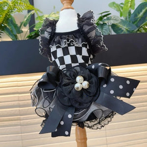 Simply spectacular, this elegant Black & White Harlequin Party Dog Dress is adorned with a lace bodice collar and sleeves. 