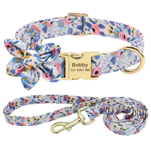 Blue Flower Dog Collar & Leash Set features floral pinks and blues on white, with a matching leash