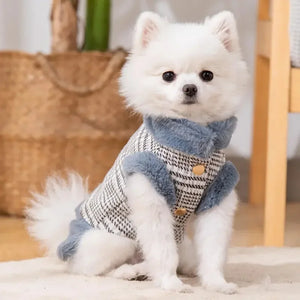 Pomeranian in Blue Winter Fleece-Lined Check Dog Harness Dress Coat