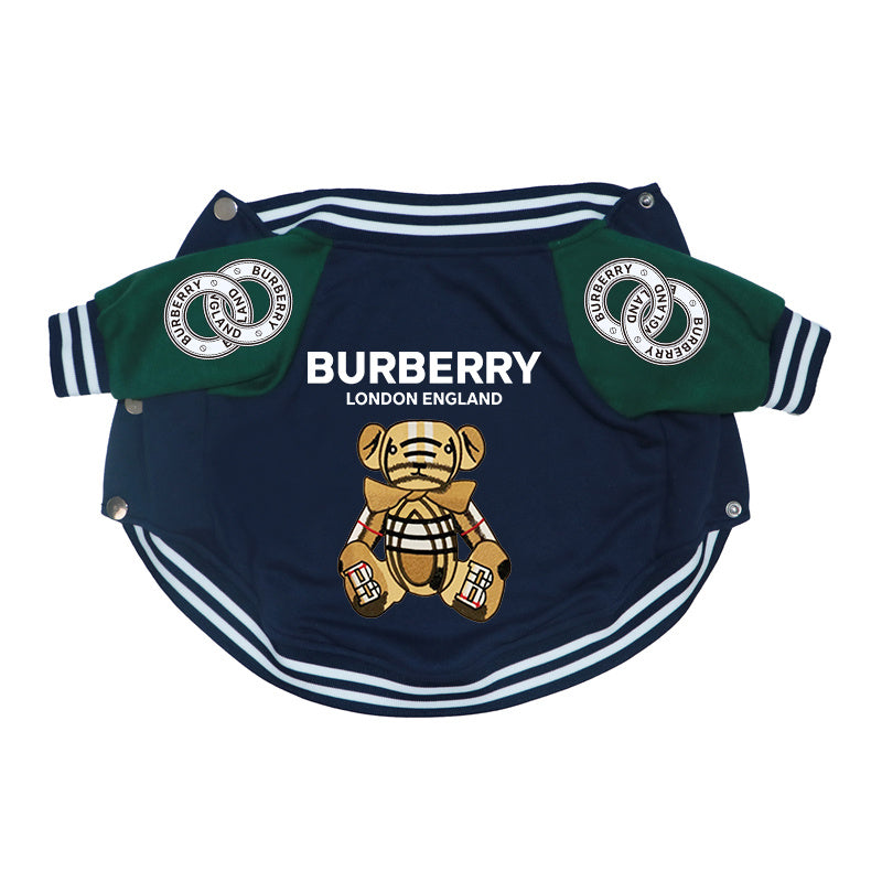 Navy and green Burberry-inspired varsity dog jacket with embroidered plaid teddy bear and striped trim