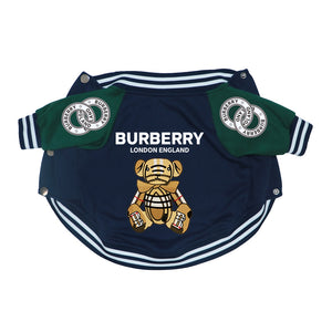 Navy and green Burberry-inspired varsity dog jacket with embroidered plaid teddy bear and striped trim