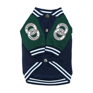 Navy and green Burberry-inspired varsity dog jacket with embroidered plaid teddy bear and striped trim