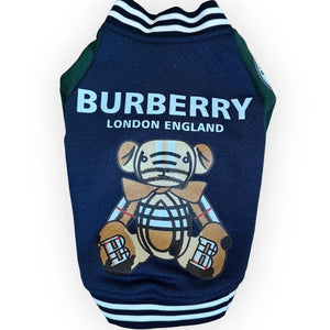 Navy and green Burberry-inspired varsity dog jacket with embroidered plaid teddy bear and striped trim