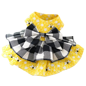Yellow Dog Dress with bee pattern and black and whte check bow layered skirt
