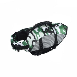 Green camo dog life jacket.