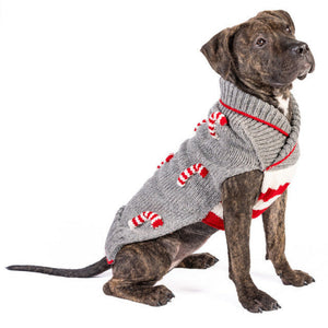 A brindle dog wearing a gray knit sweater with red and white candy cane and striped patterns, photographed against a solid white background.