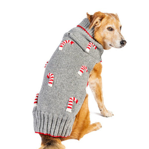 A golden retriever dog wearing a gray knit sweater with red and white candy cane patterns, shown against a plain white background.
