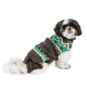 A small dog wearing a knitted pet sweater with a brown base and colorful geometric patterns in blue, green, and white, photographed on a plain white background.