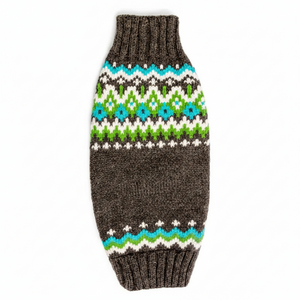 Knitted dog sweater with a colorful pattern on a white background