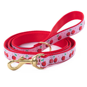 Dog leash with cherry pattern and gold clasp on a white background