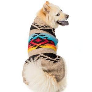 Dog wearing a colorful sweater with geometric patterns on a white background