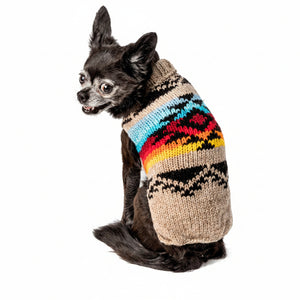 A small black dog wearing a knitted pet sweater with a colorful Southwestern-style pattern, isolated on a white background.