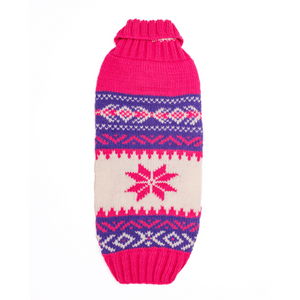 Pink Vail Dog Sweater with pink purple and cream Fair Isle snowflake pattern