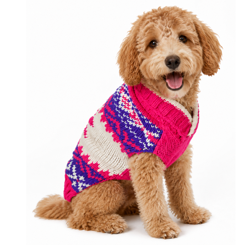Doodle wearing a colorful hot pink knitted sweater on a white background