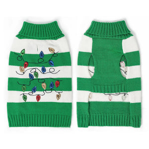 Green and white striped dog sweater with Christmas lights design on a white background - front and back