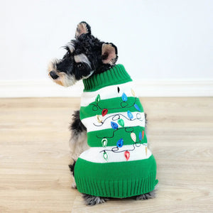Dog wearing a green sweater with Christmas light design on a wooden floor.