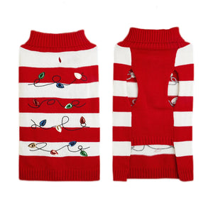 Red and white striped dog sweater with Christmas lights design on a white background - front and back
