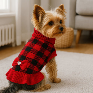 Yorkie dog wearing a red and black checkered sweater with a bow in a home setting.