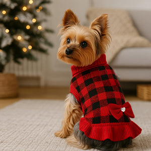 Small dog wearing a red and black checkered sweater with a bow in a cozy living room.