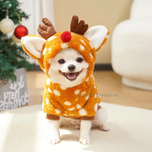 Pomeranian in Christmas Reindeer Fleece Dog Hoodie with Antlers