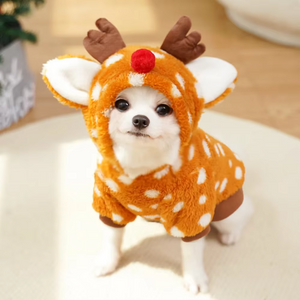 Christmas Reindeer Fleece Dog Hoodie with Antlers