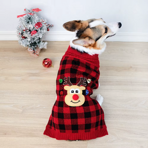 Dog wearing a red and black checkered sweater with a reindeer design 