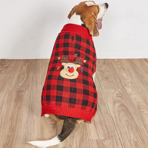 Beagle Dog wearing a red and black checkered sweater with a reindeer face