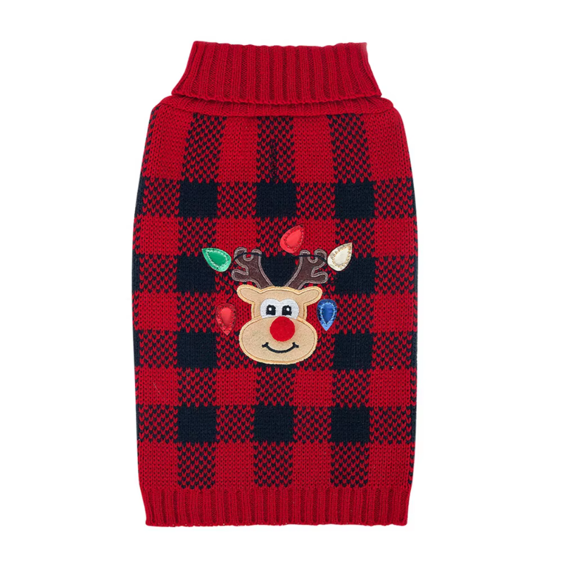 Christmas Reindeer Plaid Turtleneck Dog Sweater