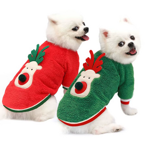 Christmas Reindeer Plush Dog Sweatshirt on Pomeranians in red and green