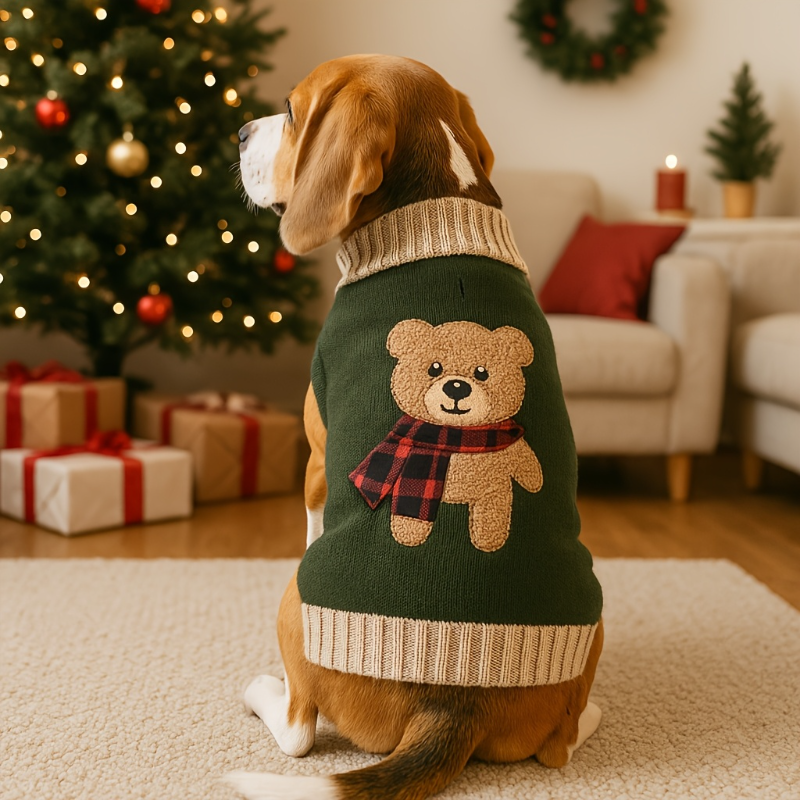 Two dogs wearing green sweaters with teddy bear designs in a festive indoor setting.