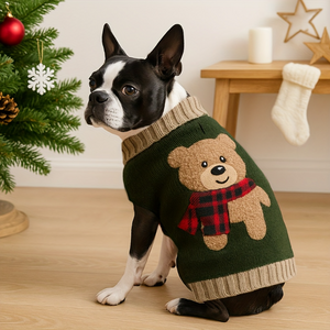 Boxer wearing a green sweater with a teddy bear design in a festive setting.