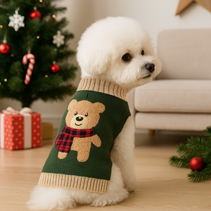 Bichon Frise wearing a green sweater with a bear design in front of a decorated Christmas tree.