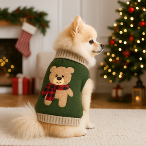 Pomeranian dog wearing a green sweater with a teddy bear design in a festive room with Christmas decorations.