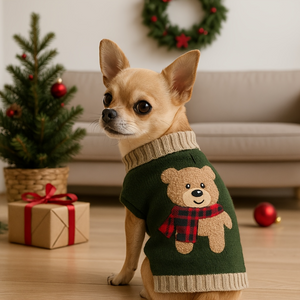 Chihuahua dog wearing a green sweater with a bear design in a festive room with Christmas decorations.