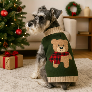 Terrier wearing a green sweater with a teddy bear design in a festive living room.