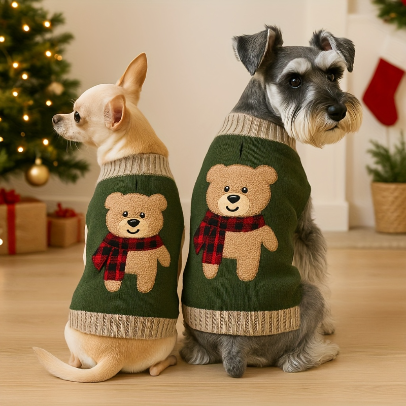Two dogs wearing green sweaters with teddy bear designs in a festive indoor setting.