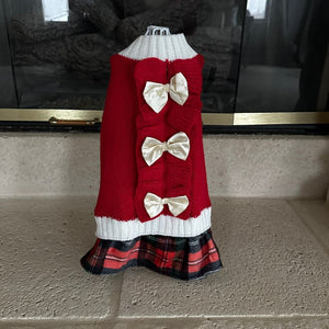 Look chic for the holidays with this stylish Red Christmas Bow Sweater Dress with white bows and flannel plaid skirt