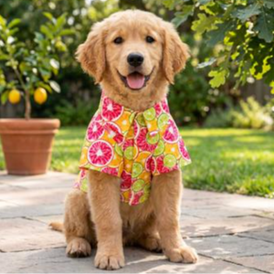 Dog wearing a colorful shirt outdoors on a sunny day