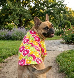 Dog wearing a colorful shirt with a garden background