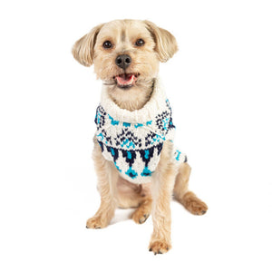A small tan dog wearing a Coastal Cable Knit Dog Sweater in white with navy and teal accents
