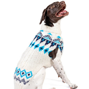 German Shorthaired Pointer wearing a knitted sweater with a white base and teal and navy geometric patterns, set against a plain white background.